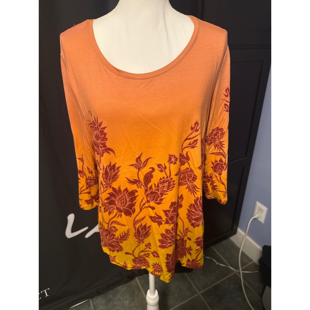 New Womens Ombre Floral Long Sleeve Tee Burnt Brick Orange Yellow XL Petite